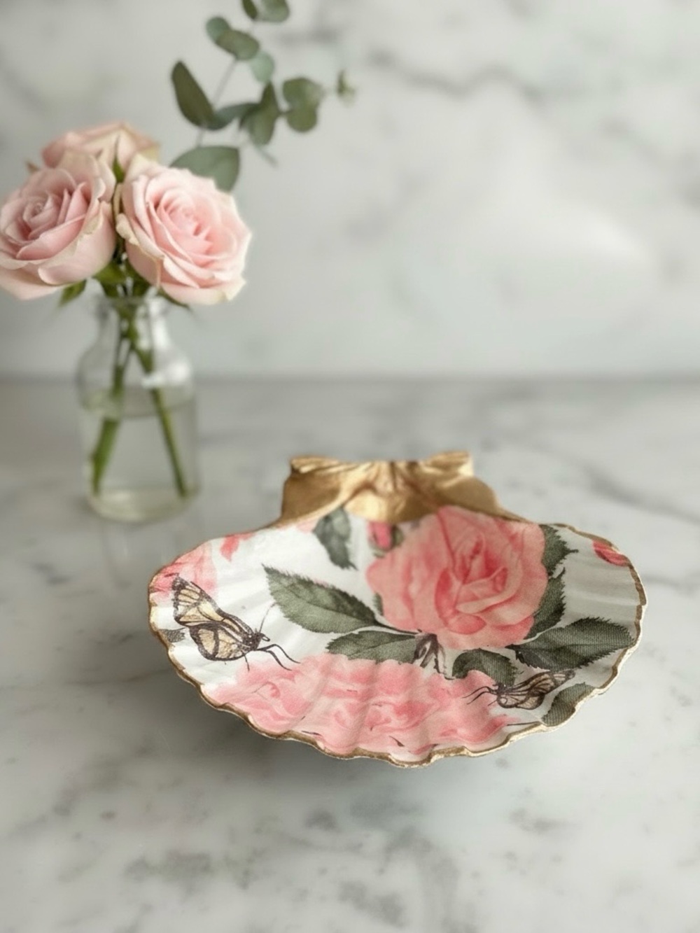 Rose Butterfly Shell Trinket Dish I Floral Ring Jewelry Holder